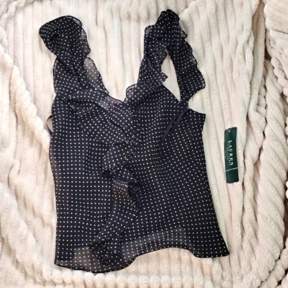 Lauren by Ralph Lauren Petites Black with white polka dots blouse size 6P